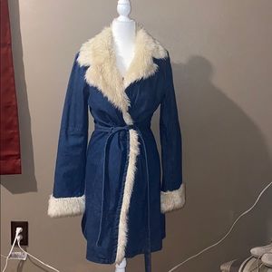 denim and faux fur collar jacket mid length